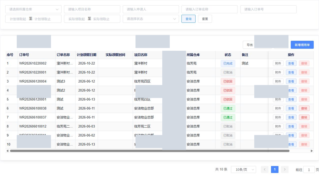 已脱敏的仓库项目领用单列表